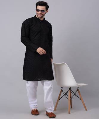 Men Black Chikankari Kurta with white Pyjama 1