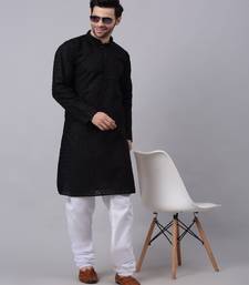 Men Black Chikankari Kurta with white Pyjama