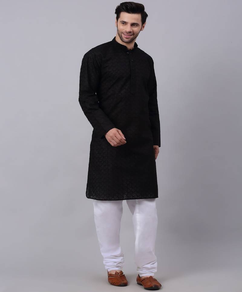 Men Black Chikankari Kurta with white Pyjama