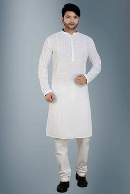 White embroidered cotton kurta-pajama 1