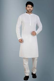 White embroidered cotton kurta-pajama