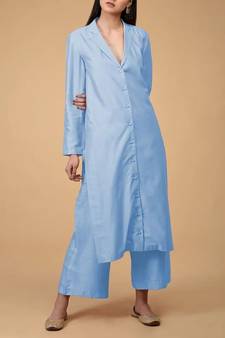 Light-sky-blue plain cotton long-kurtis