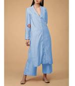 Light-sky-blue plain cotton long-kurtis
