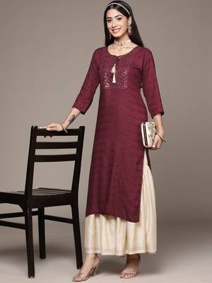 Maroon embroidered rayon kurtas-and-kurtis 5