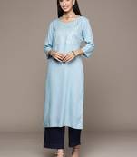 Blue embroidered rayon kurtas-and-kurtis