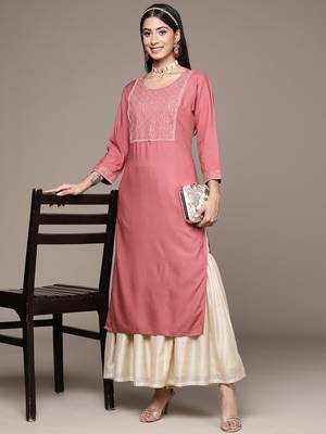 Brown embroidered rayon kurtas-and-kurtis 5
