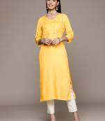 Yellow embroidered rayon kurtas-and-kurtis