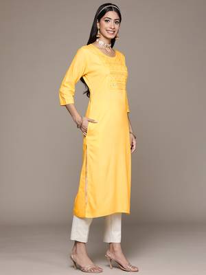 Yellow embroidered rayon kurtas-and-kurtis 2
