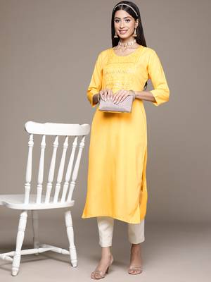 Yellow embroidered rayon kurtas-and-kurtis 5