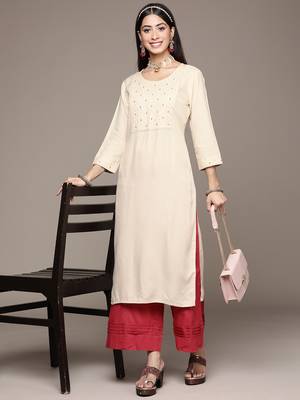 Off-white embroidered rayon kurtas-and-kurtis 5