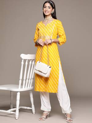 Yellow embroidered rayon kurta sets 5