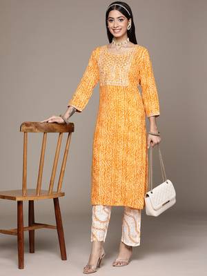 Yellow embroidered cotton kurta sets 5