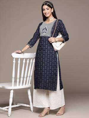 Navy-blue embroidered rayon kurta sets 5