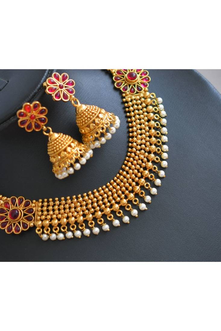 Antique gold flower kemp pearl necklace set dj-02043