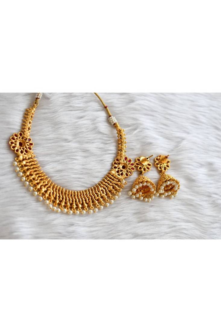 Antique gold flower kemp pearl necklace set dj-02043