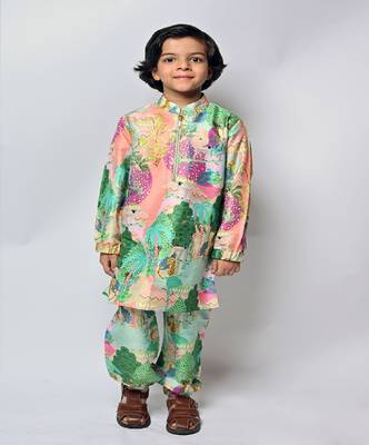 Peach Kuno Printed Dupion Silk Bomber Kurta And Jogger Pants 1