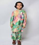 Peach Kuno Printed Dupion Silk Bomber Kurta And Jogger Pants