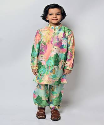 Peach Kuno Printed Dupion Silk Bomber Kurta And Jogger Pants 2