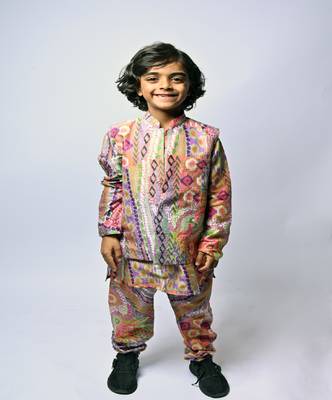 African Multicolour Print Silkmul Kurta And Churidar With Dupion Silk Bandi 1