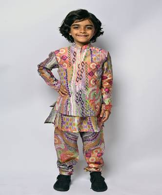 African Multicolour Print Silkmul Kurta And Churidar With Dupion Silk Bandi 2