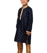 Blue printed art dupion silk boys-kurta-pyjama