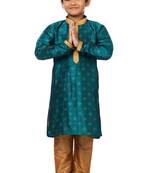 Green printed art dupion silk boys-kurta-pyjama