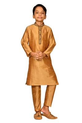 Gold embroidered art dupion silk boys-kurta-pyjama 1