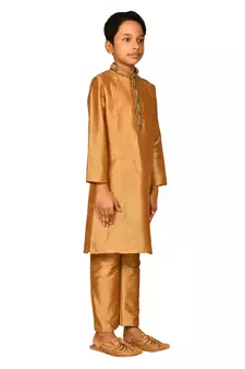 Gold embroidered art dupion silk boys-kurta-pyjama