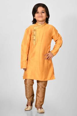 Yellow embroidered art dupion silk boys-kurta-pyjama 1