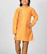 Yellow embroidered art dupion silk boys-kurta-pyjama