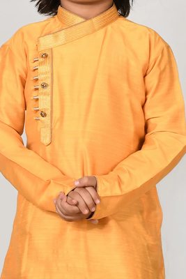 Yellow embroidered art dupion silk boys-kurta-pyjama 2