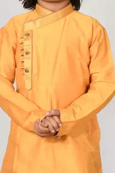Yellow embroidered art dupion silk boys-kurta-pyjama