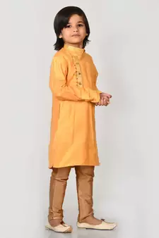Yellow embroidered art dupion silk boys-kurta-pyjama