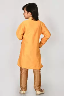 Yellow embroidered art dupion silk boys-kurta-pyjama