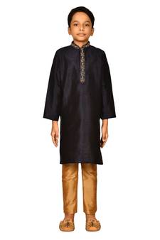Black embroidered art dupion silk boys-kurta-pyjama