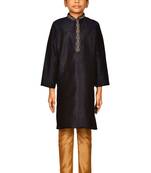 Black embroidered art dupion silk boys-kurta-pyjama