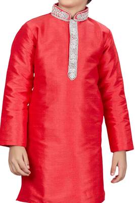 Red embroidered art dupion silk boys-kurta-pyjama 2