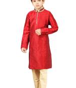 Red embroidered art dupion silk boys-kurta-pyjama