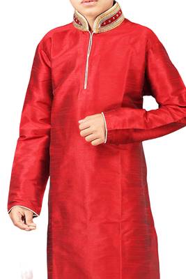 Red embroidered art dupion silk boys-kurta-pyjama 2