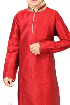 Red embroidered art dupion silk boys-kurta-pyjama