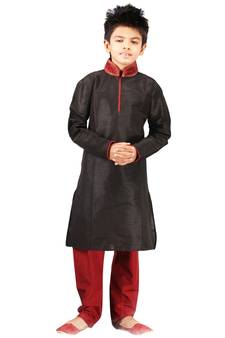 Black embroidered art dupion silk boys-kurta-pyjama