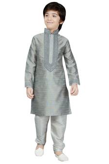 Grey embroidered art dupion silk boys-kurta-pyjama