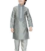 Grey embroidered art dupion silk boys-kurta-pyjama