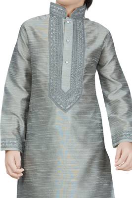 Grey embroidered art dupion silk boys-kurta-pyjama 2