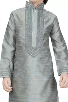 Grey embroidered art dupion silk boys-kurta-pyjama