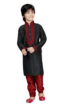 Black embroidered art dupion silk boys-kurta-pyjama