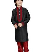 Black embroidered art dupion silk boys-kurta-pyjama