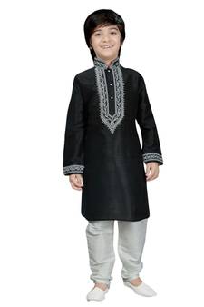 Black embroidered art dupion silk boys-kurta-pyjama