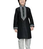 Black embroidered art dupion silk boys-kurta-pyjama