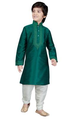 Green embroidered art dupion silk boys-kurta-pyjama 1